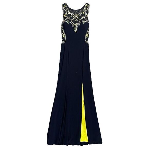 Betsy & Adam Beaded Slit Maxi Dress Womens 2 Prom Cocktail Party Blue Chartreuse - Picture 1 of 10